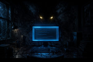 A dark room illuminated by a glowing blue computer screen with two glowing yellow eyes emerging from the cosmic darkness.