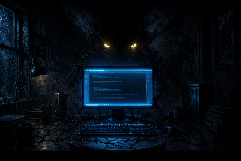 A dark room illuminated by a glowing blue computer screen with two glowing yellow eyes emerging from the cosmic darkness.