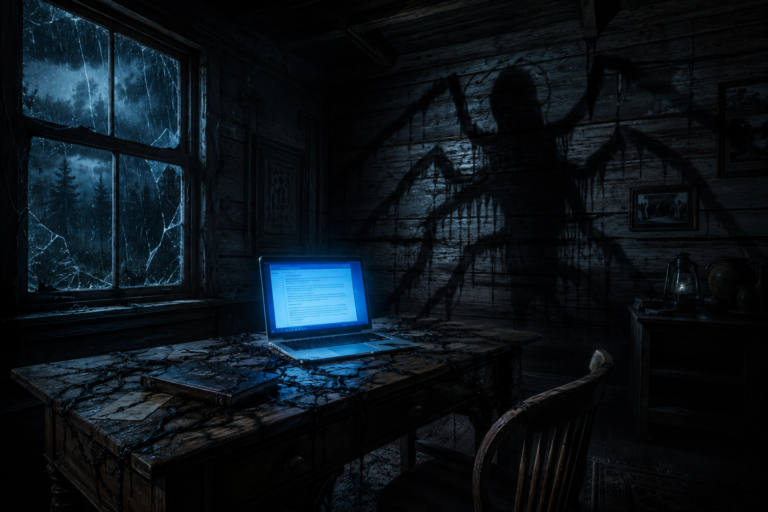 Read this terrifying short horror story of dark obsession. Follow an archivist’s descent into cosmic horror within a haunted cabin. Will he survive?